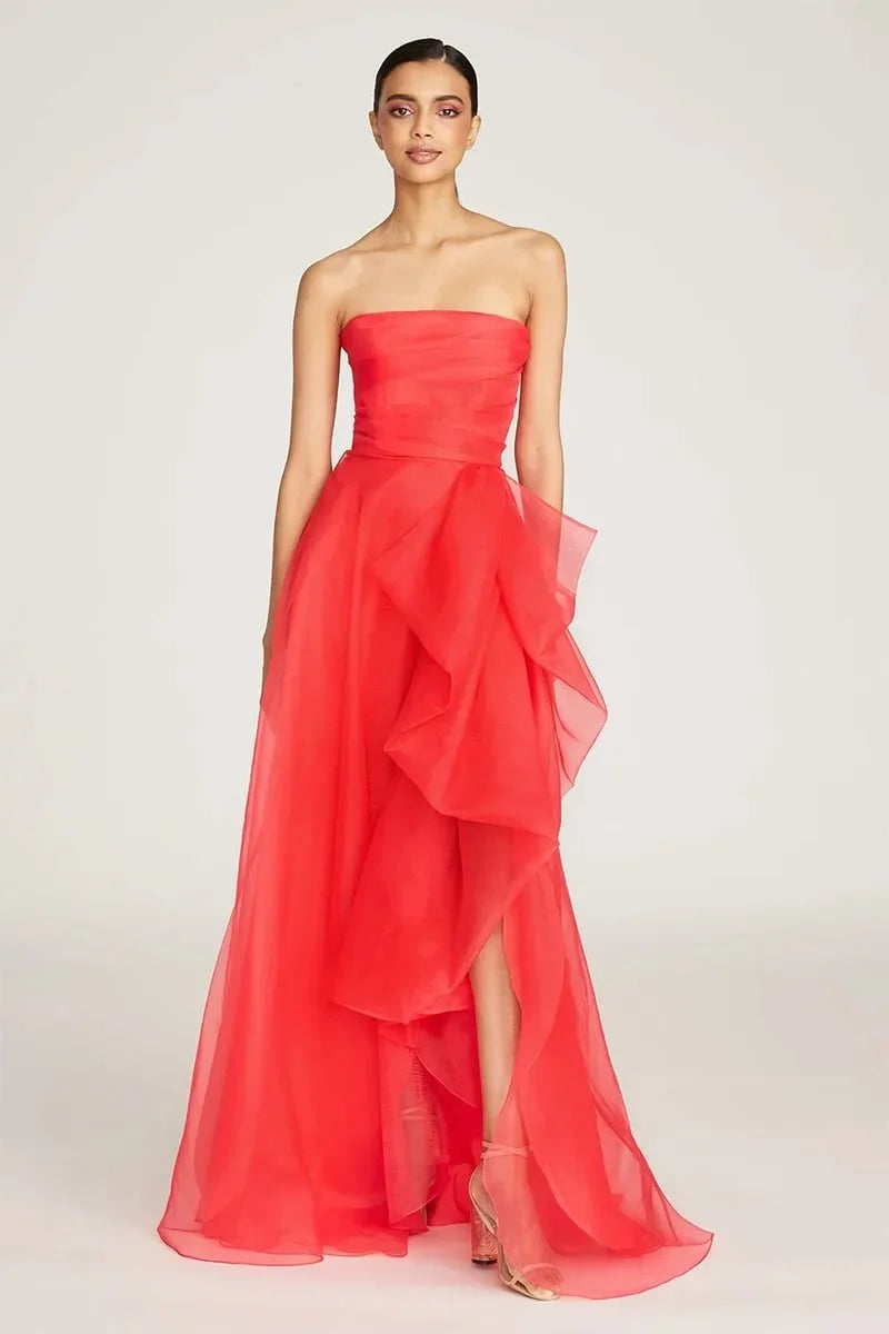 Navy Blue Organza فساتين السهرة Sexy Side Split Sleeveless Vestidos De Noche Strapless A-line Prom Dress Customized