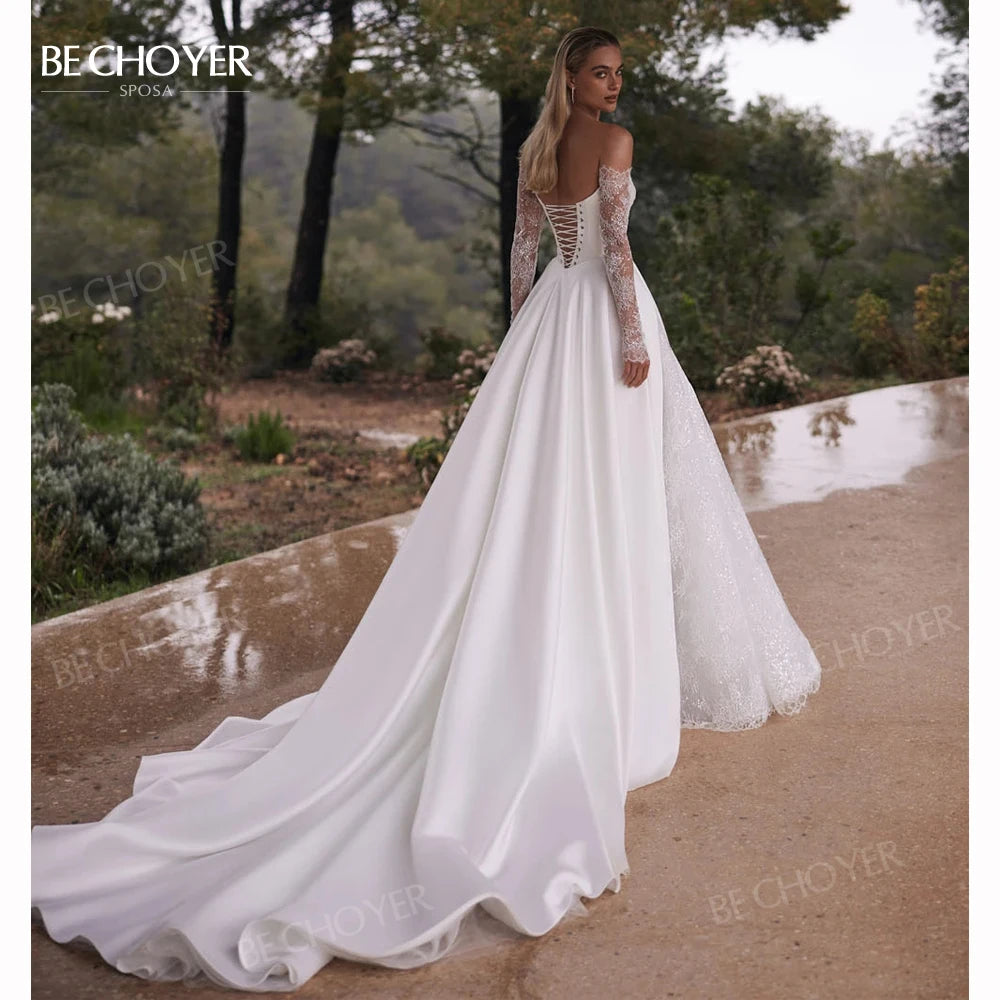 Off the Shoulder A-Line Wedding Dress 2026 Appliques Long Sleeve Customized Bride Gown Princess BECHOYER EL350 Vestido De Noiva
