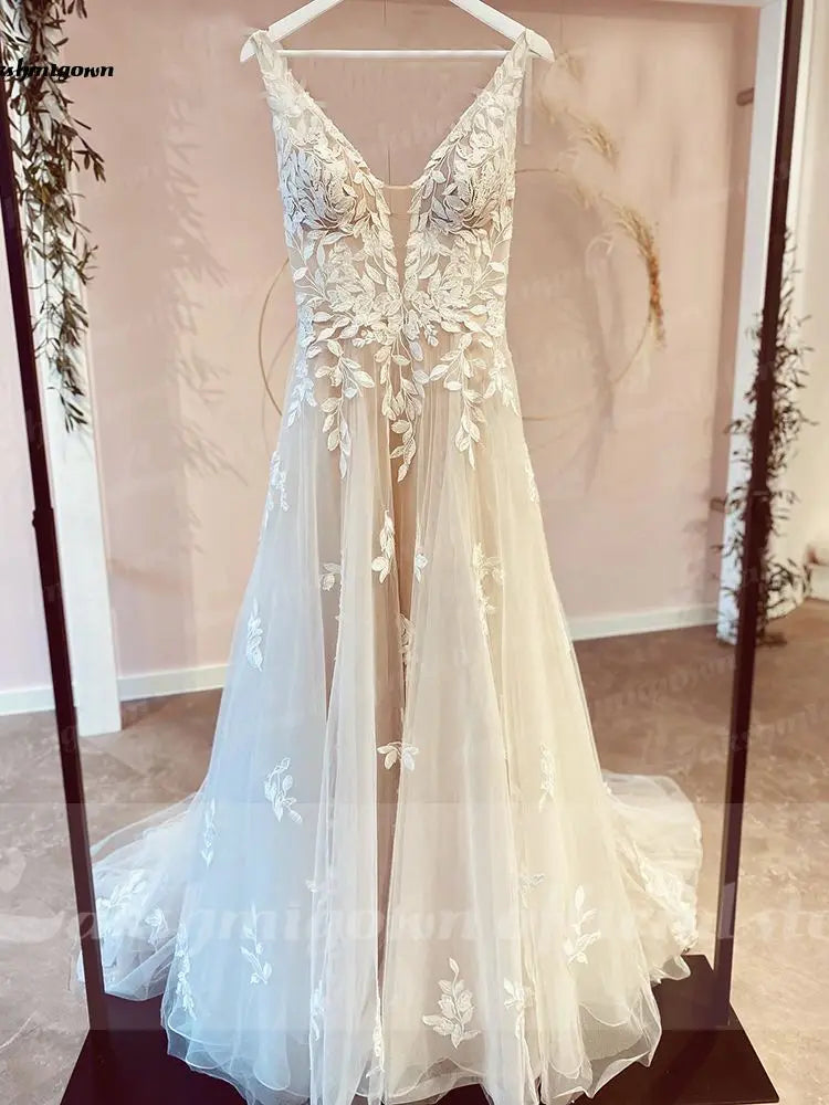 ZapDress V Neck Lace Appliques Wedding Dresses Customized Champagne Bridal Gowns A Line Wedding Gown Estido De Noiva Praiano
