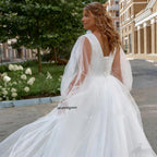 ZapDress Plus Size Long Wedding Dress Puff Sleeves V Neck Sweep Train A Line Tulle Robe De Mariage Bridal Dress Customized