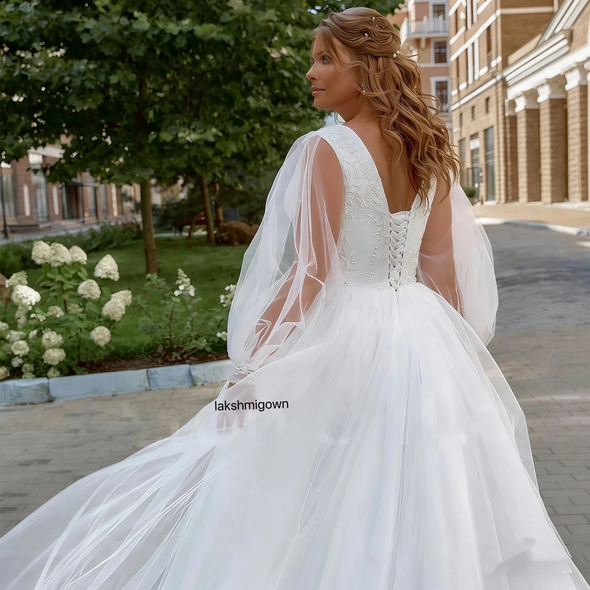 ZapDress Plus Size Long Wedding Dress Puff Sleeves V Neck Sweep Train A Line Tulle Robe De Mariage Bridal Dress Customized