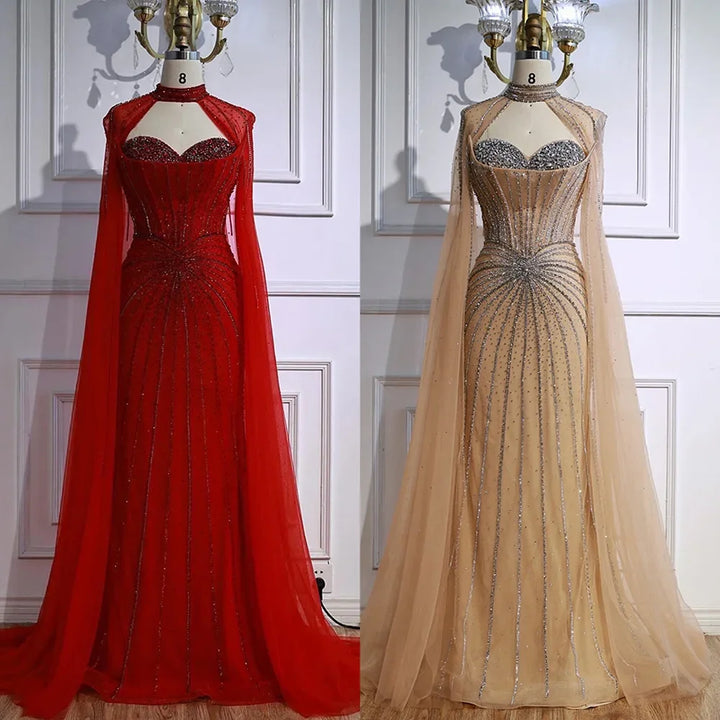 Luxury Nude Elegant Evening Gown Beaded Dress with Cape Sleeves for Formal Party Wear Zapdress DLA72811A Customized
