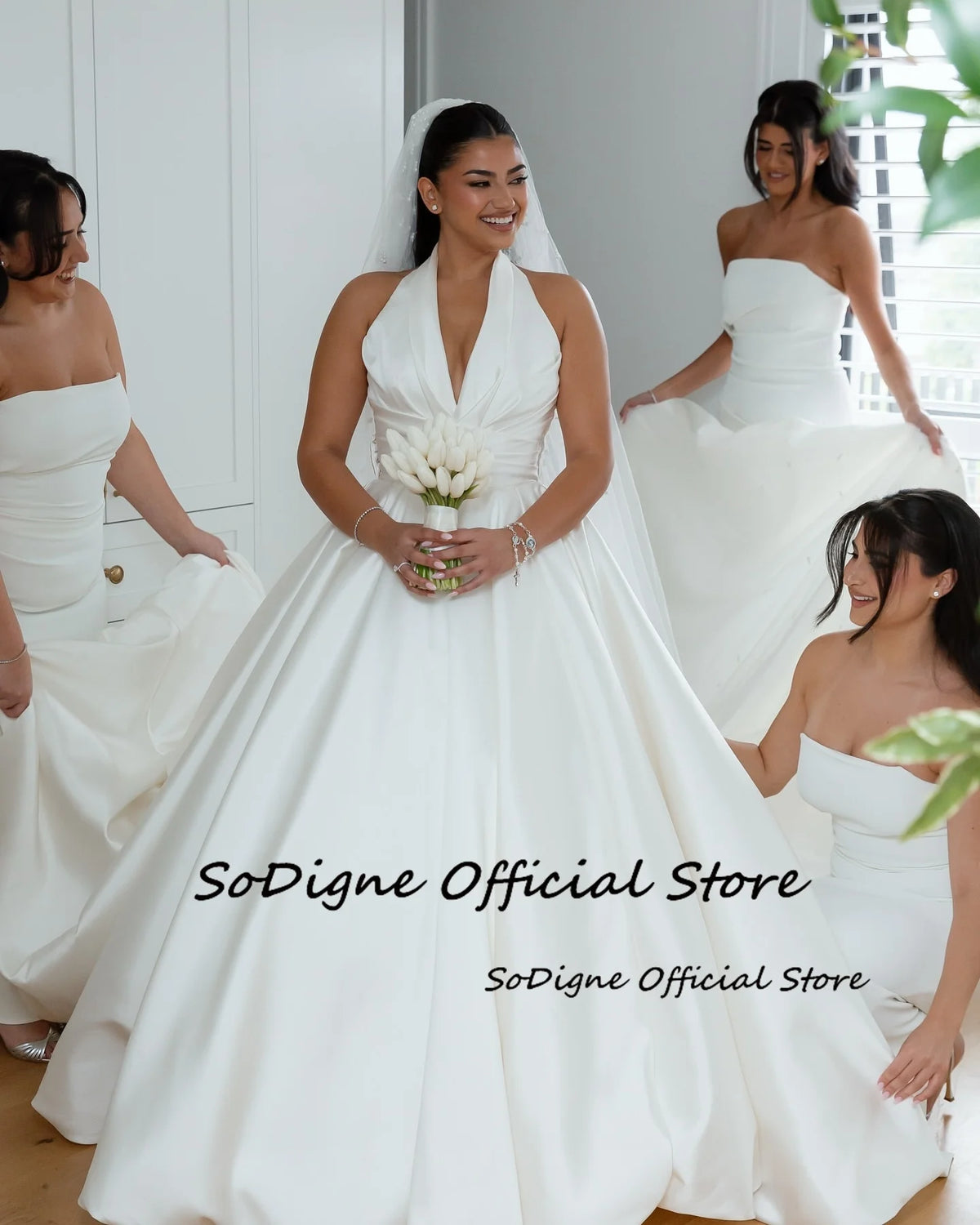 SoDigne A-line Satin Simple Wedding Dresses Sleeveless Halter Bridal Dress Long Wedding Gown Robe De Mairee ﻿Customized