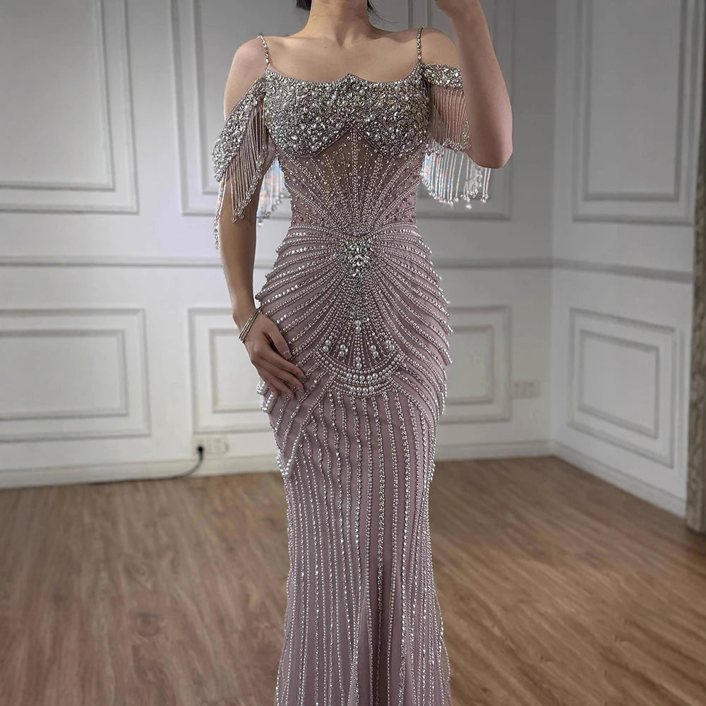Zapdress 2025 Customized Pink Off Shoulder Mermaid Evening Dress Luxury Beaded Party Gowns for Women (ZD17359)