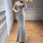Serene Hill Silver 2026 High Neck Cap Sleeve Mermaid Evening Dress Luxury Beaded Party Gowns Vestidos Customized DLA73221