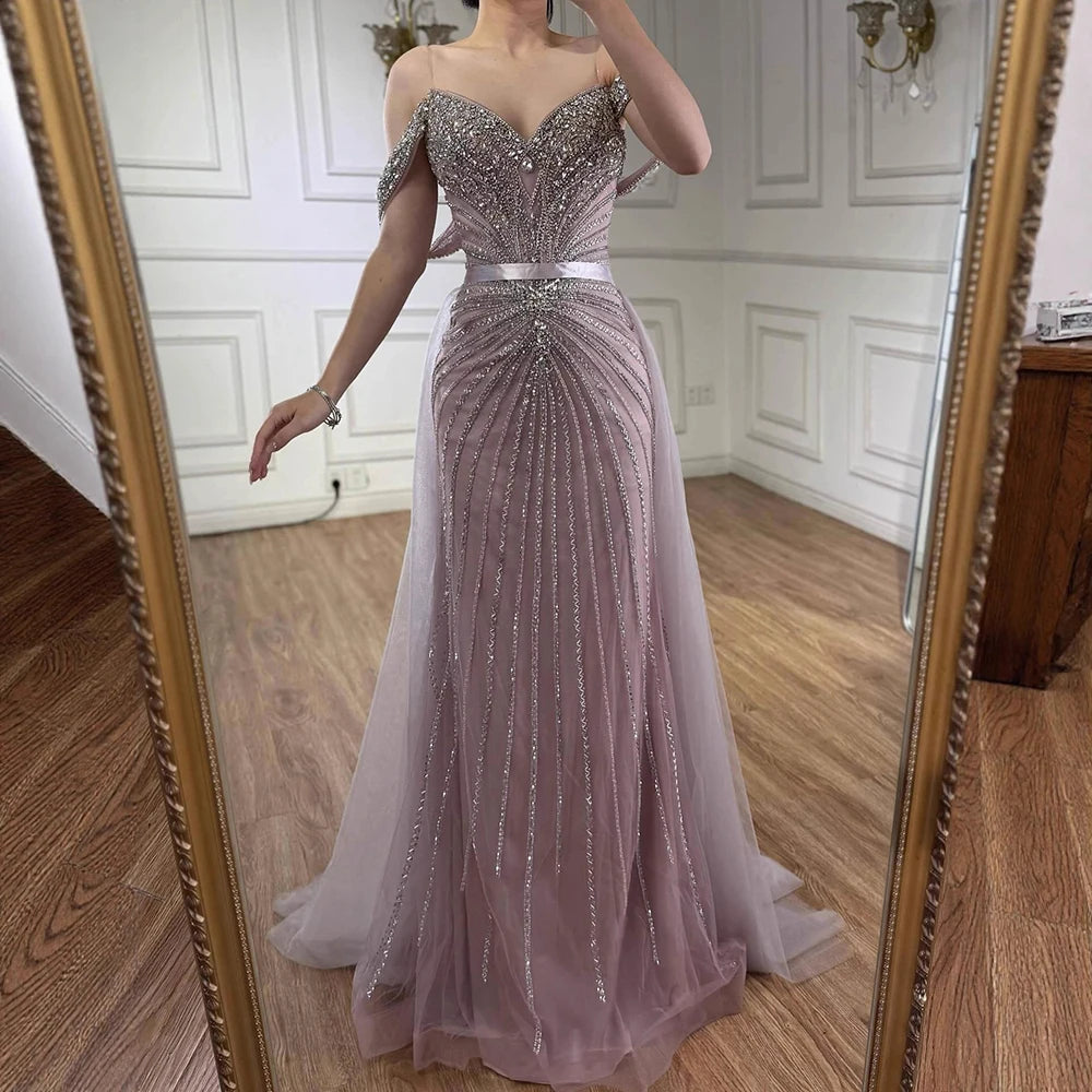 Serene Hill 2026 Nude Luxury Beaded Mermaid Off Shoulder Evening Dress Formal Party Gowns for Women Customized DLA73128