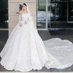Mocaca Customized Luxury Sequins Lace Applique Ball Gown Wedding Dress Off Shoulder Appliques Long Sleeve Bridal Gown