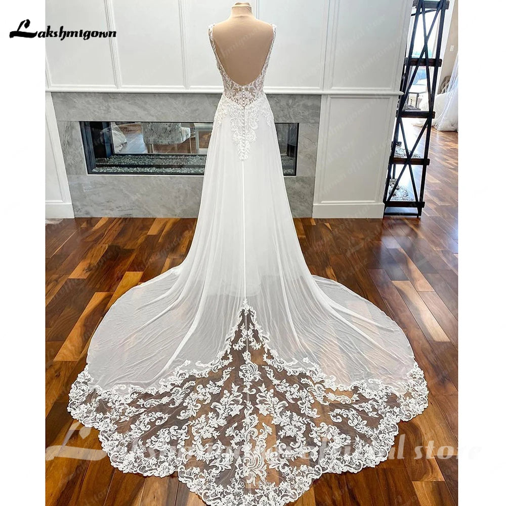 Luxury Civil Chiffon Wedding Gowns Customized Open Back Bridal Boho Long Wedding Dresses Lace Appliques V Neck Vestido Boda