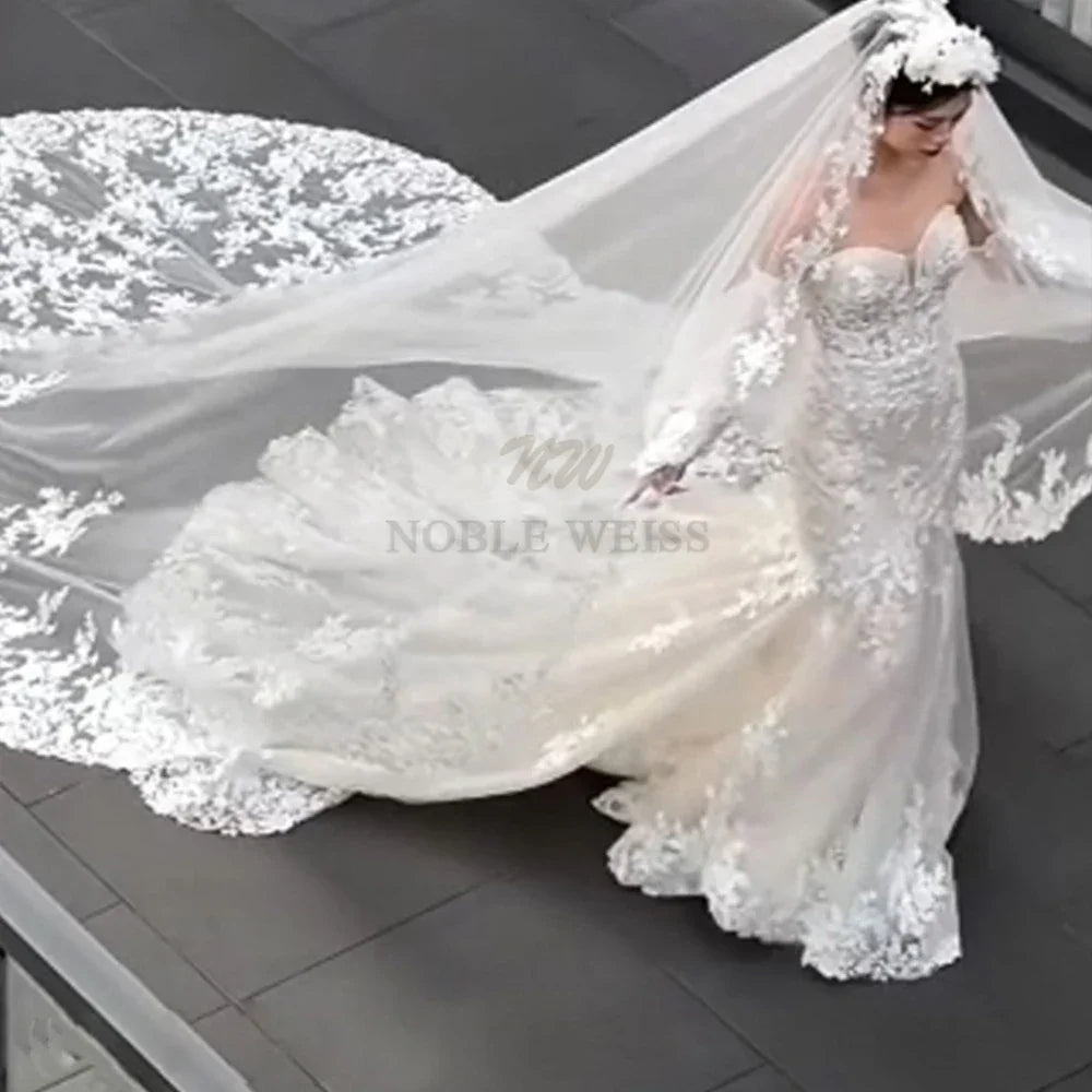 Long Wedding Veil Lace Appliques Cathedral Veil One-Layer Wedding Veils With Comb Customized
