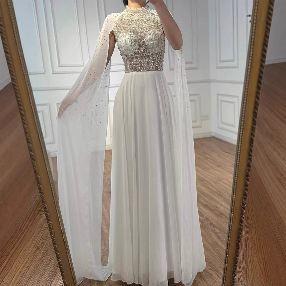 Zapdress White Chiffon A-line Evening Dress with Cape Sleeves Simple Wedding Party Gowns for Bridesmaid Customized (ZD17338)
