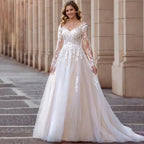 Elegant V-Neck Wedding Dresses Plus Size Lace Long Sleeve Women White Open Back Tulle Bridal Gown Sweep Train Vestidos De Novia by payinti