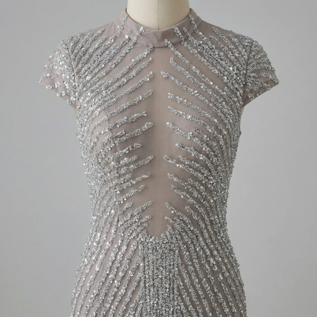 Serene Hill Silver 2026 High Neck Cap Sleeve Mermaid Evening Dress Luxury Beaded Party Gowns Vestidos Customized DLA73221