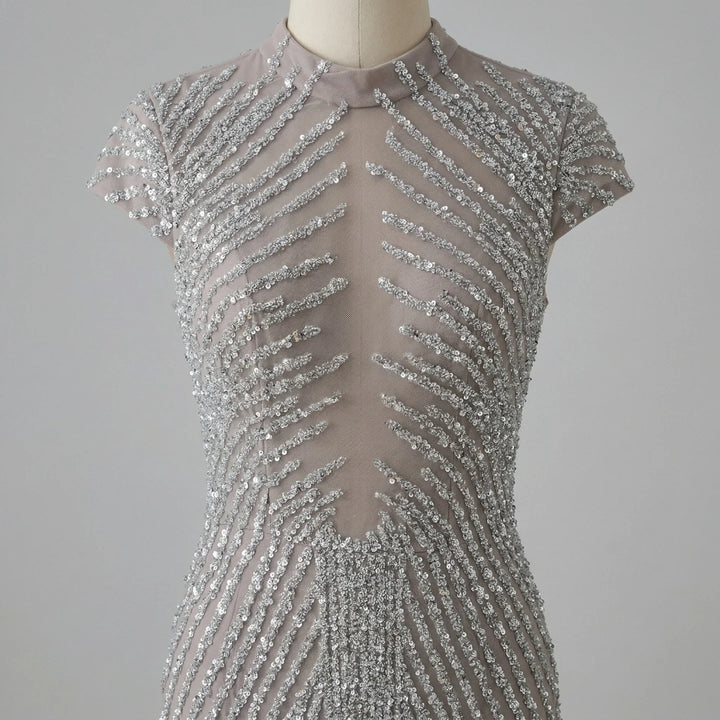 Serene Hill Silver 2026 High Neck Cap Sleeve Mermaid Evening Dress Luxury Beaded Party Gowns Vestidos Customized DLA73221