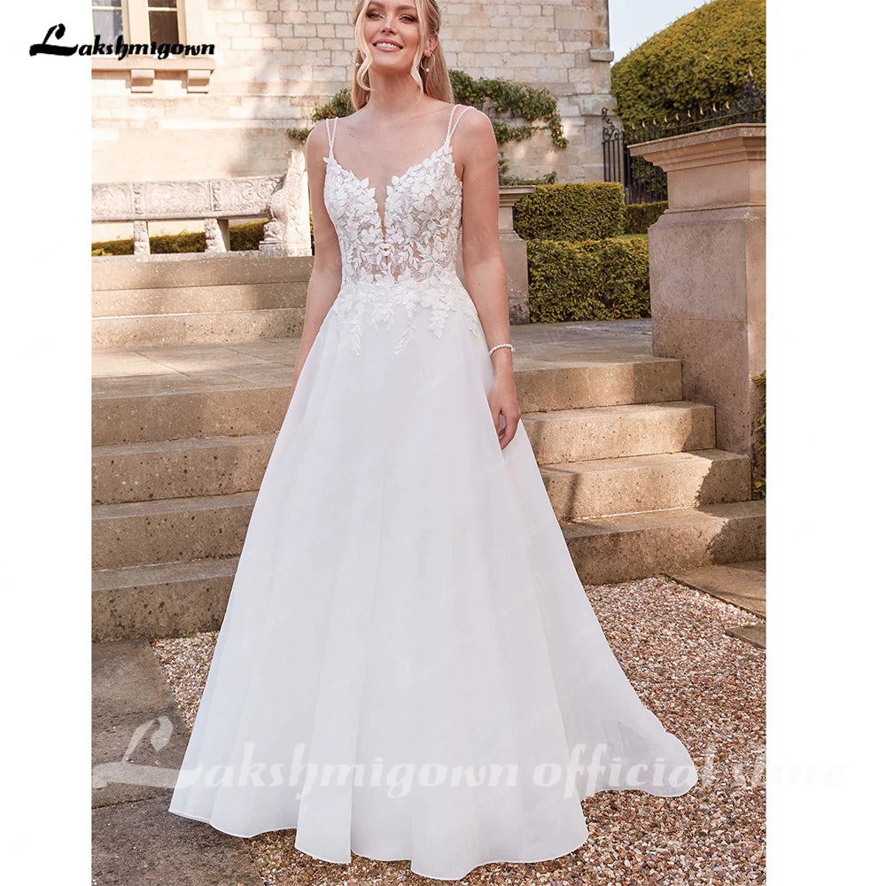 ZapDress Vintage Wedding Dresses for Bride Spathetti Straps V-neck Illusion Lace Appliques Robe De Mariee Customized