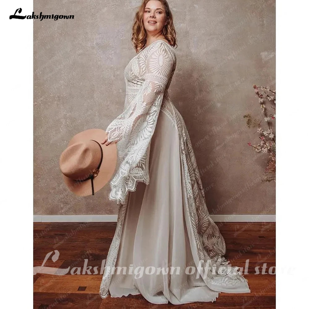 ZapDress Bohemian Boho Wedding Dress Lace Chiffon Long Sleeve Open Back V Neck Plus Size Vestidos De Novia Customized