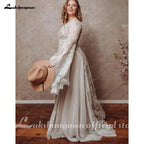ZapDress Bohemian Boho Wedding Dress Lace Chiffon Long Sleeve Open Back V Neck Plus Size Vestidos De Novia Customized