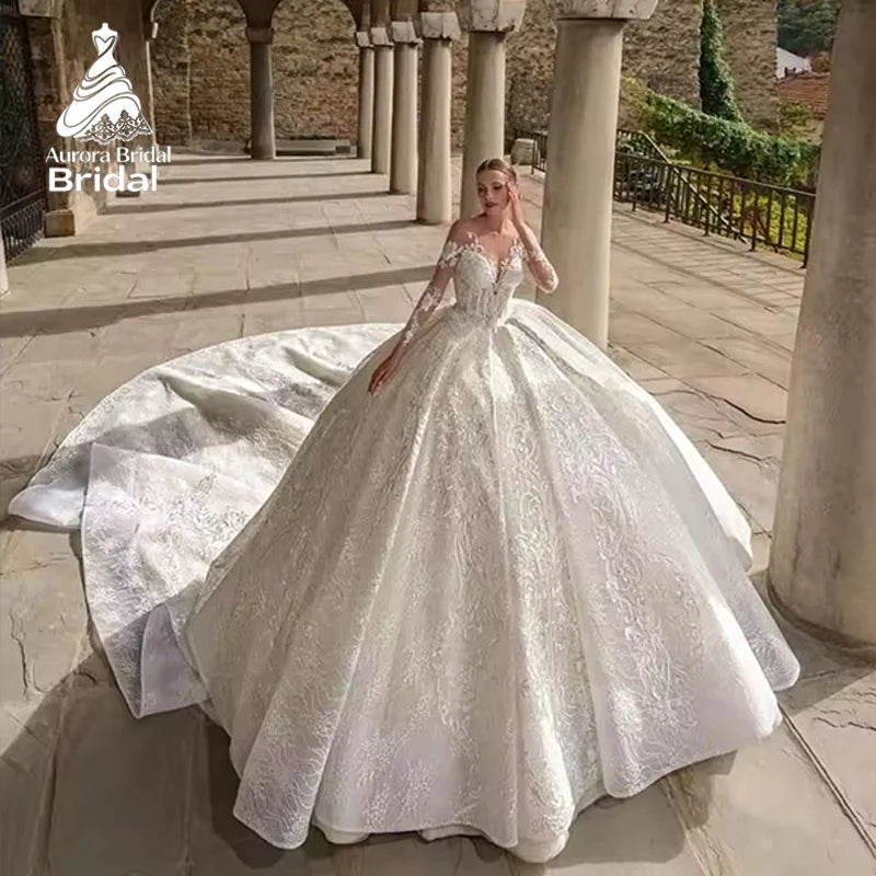 Aurora Customized Princess Vintage Puffy A Line Wedding Dress With Lace Appliques Long Sleeves Bridal Gowns Robe De Marie