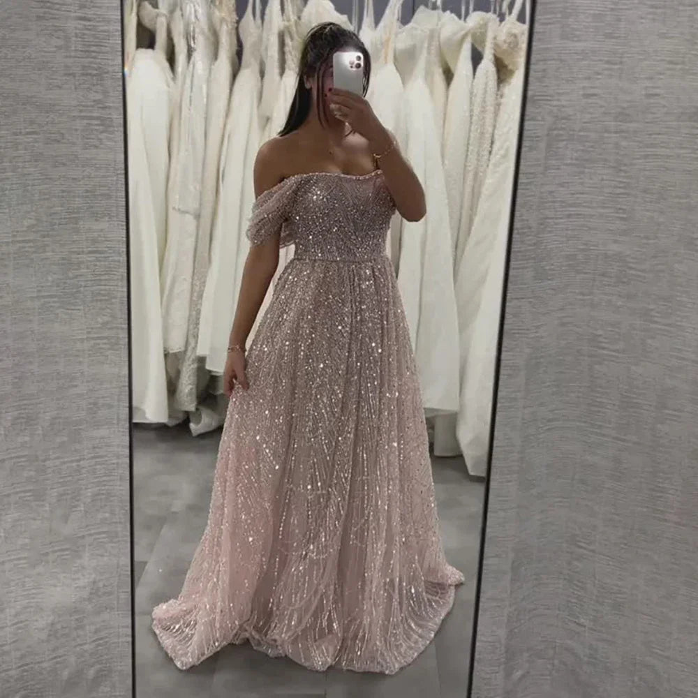 Zapdress 2025 Customized Dubai Olive Green A Line Off Shoulder Evening Dresses With Pearl Beaded Design For Party DLA72738A (ZD17321)