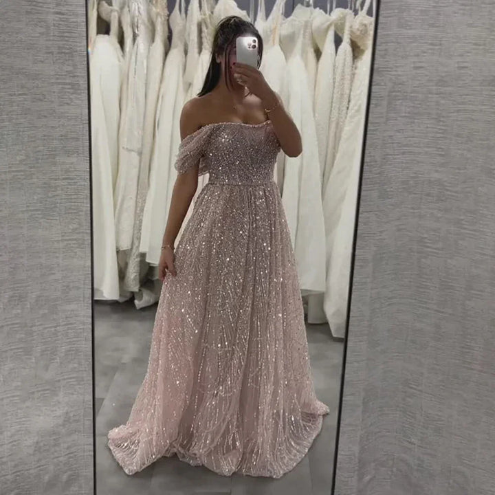 Serene Hill 2025 Customized Dubai Olive Green A Line Off Shoulder Evening Dresses With Pearl Beaded Design For Party DLA72738A
