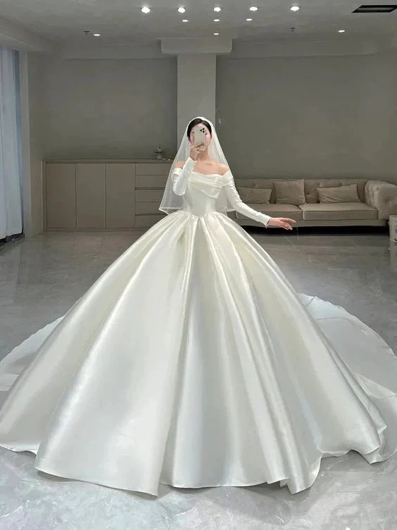 Modest White Satin Puffy Wedding Dress,White Bridal Gown Y6737 by simplepromdress