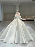 Modest White Satin Puffy Wedding Dress,White Bridal Gown Y6737 by simplepromdress