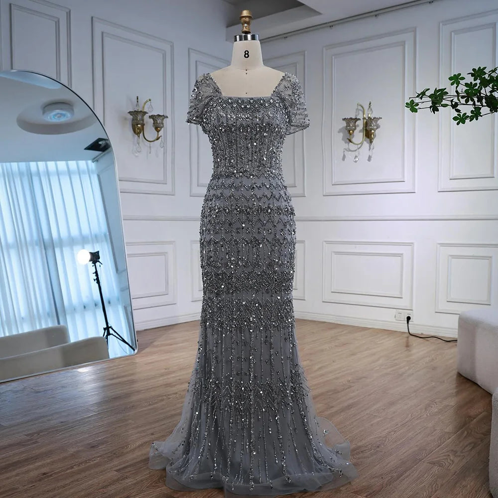 Zapdress Blue Mermaid Beaded Evening Dresses with Detachable Sleeves Elegant Party Gowns for Women DLA72714 Customized (ZD17361)