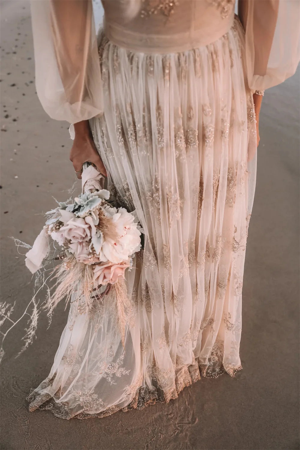 Customized Boho Lace Embroidered Long Sleeve Wedding Dress Deep V Neck and Flowy Lace Skirt for Beach Bridal Dress