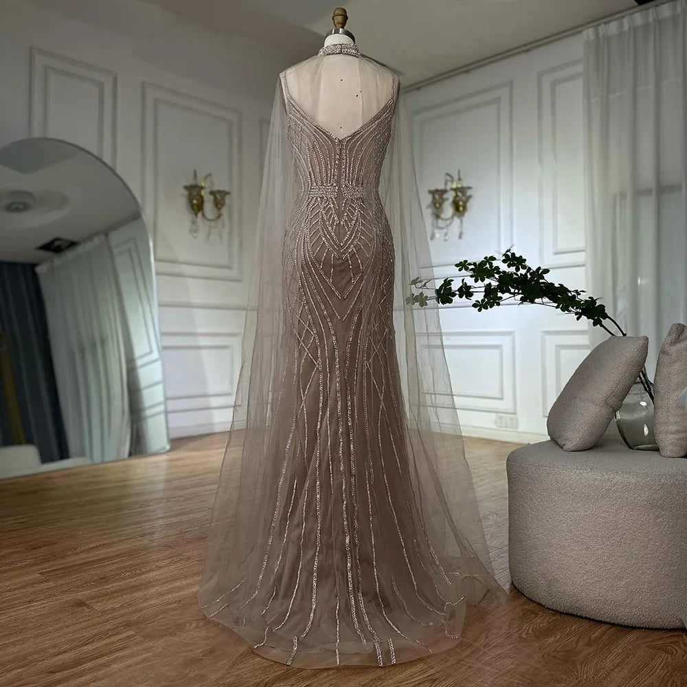 Zapdress 2025 Customized Dubai Caramel Mermaid Arabic Evening Dresses with Beaded Cape Sleeves for Party (ZD17351)