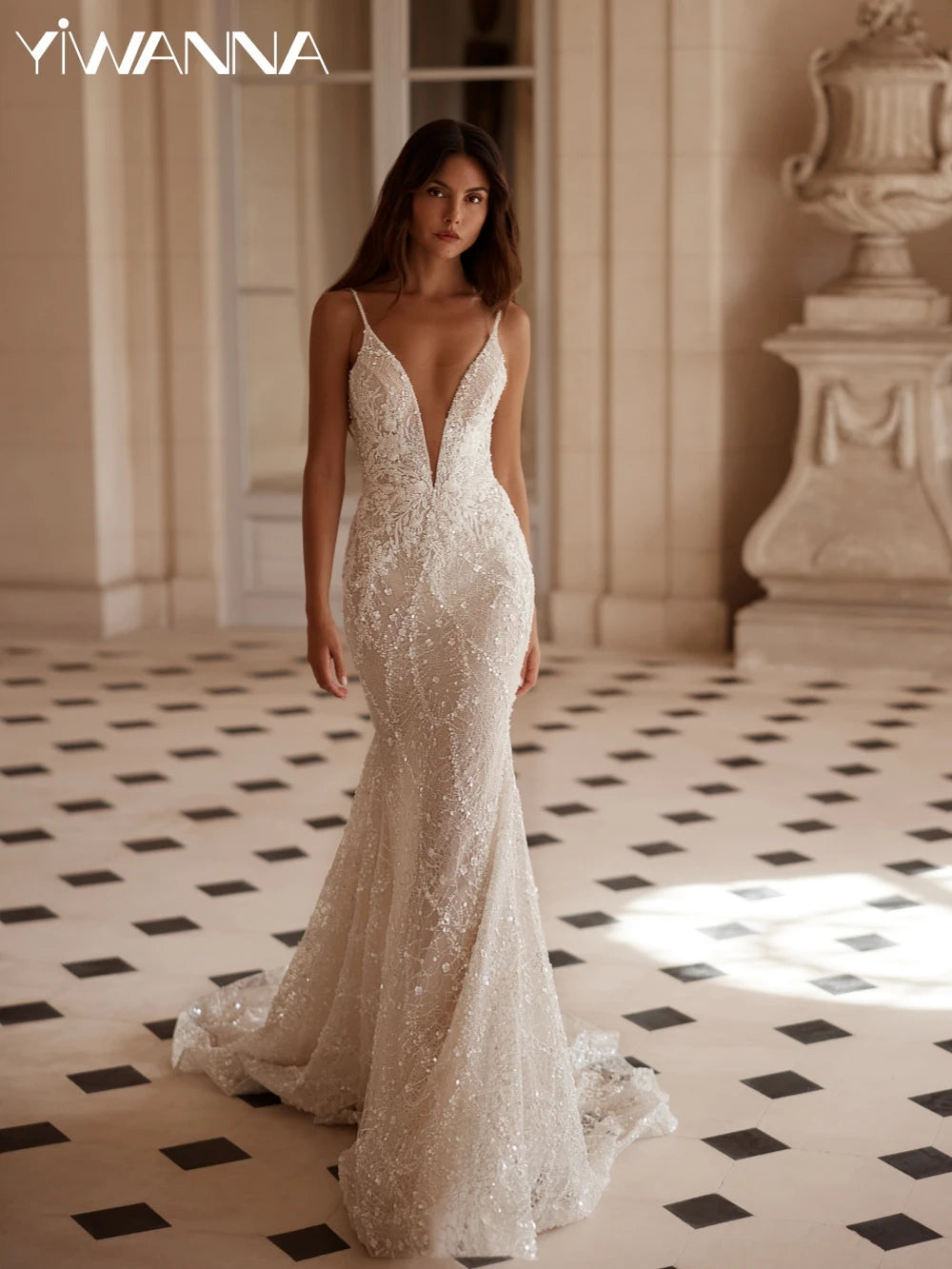 Sparkly Embroidery Beaded Lace Wedding Dress Sexy Deep V-neck Spaghetti Straps Bridal Gown Customized Mermaid Dresses For Bride