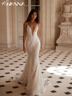 Sparkly Embroidery Beaded Lace Wedding Dress Sexy Deep V-neck Spaghetti Straps Bridal Gown Customized Mermaid Dresses For Bride