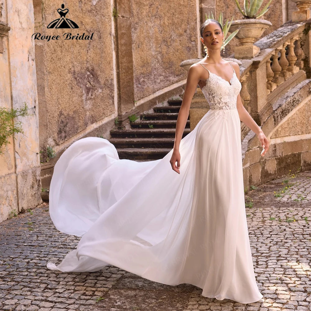 RoyceBridal Beach Wedding Dress V-Neck Lace Chiffon Romantic Flowy Bridal Gown Vestido De Novia Boda 2027 Customized