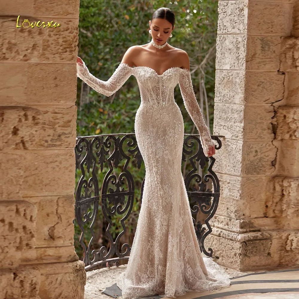 Loverxu Mermaid Sexy Wedding Dresses Off The Shoulder Vestido De Novia Lace Embroidery Beaded Pearls Custom Made Bridal Gowns