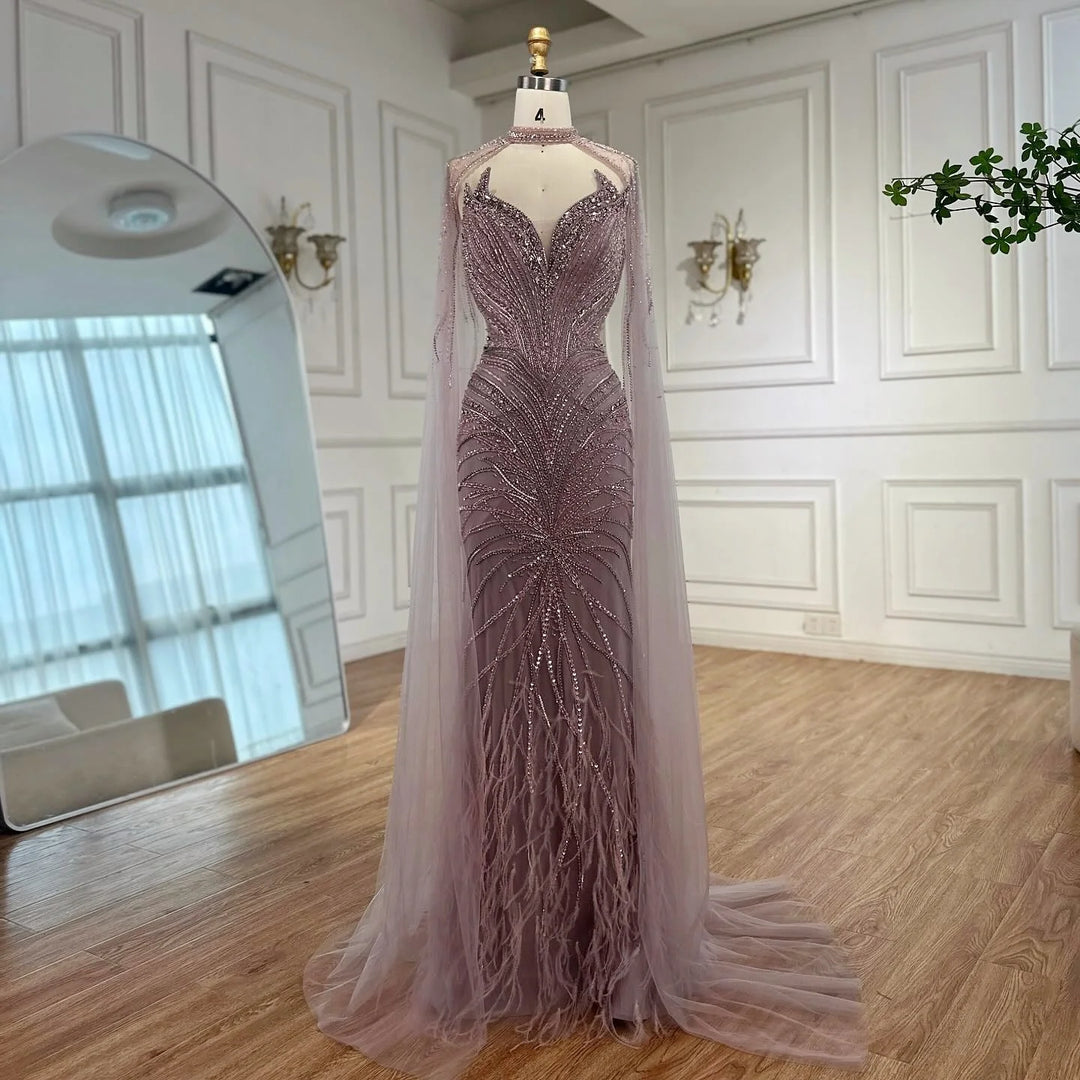Serene Hill White Nude Mermaid Evening Dresses with Cape Beaded Feathers Party Gowns for Formal Occasion Customized DLA72882