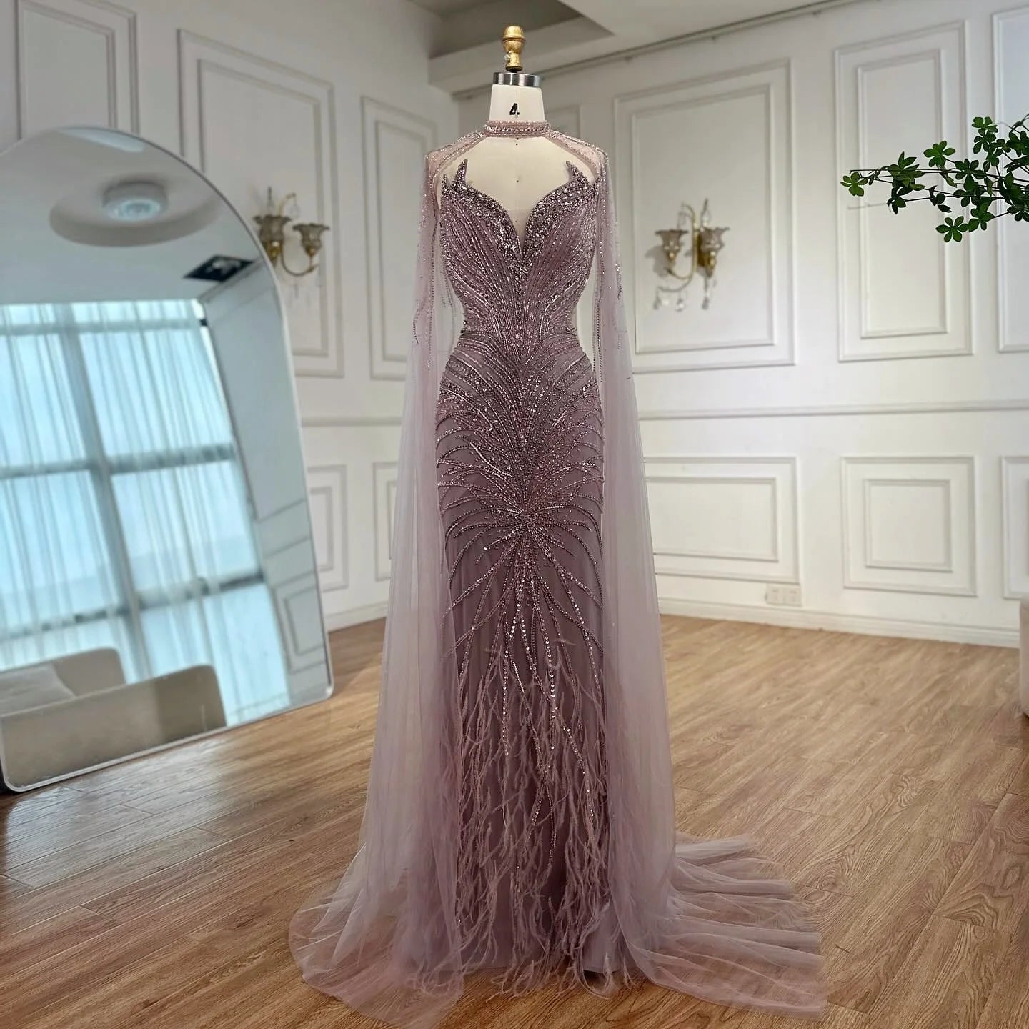 Serene Hill White Nude Mermaid Evening Dresses with Cape Beaded Feathers Party Gowns for Formal Occasion Customized DLA72882