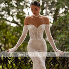 Lceland Poppy Customized Boat Neck Illusion Lace Mermaid Wedding Dresses Full Sleeves Beaded Bridal Gowns