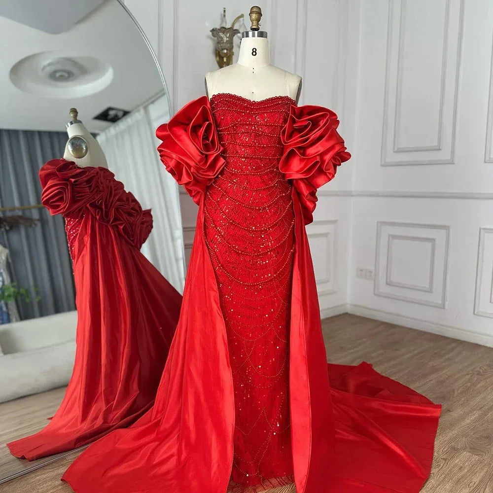 Zapdress Red Strapless Mermaid Pearls Beaded Evening Dresses with Long Cape Wedding Party Gowns 2025 DLA72585A Customized (ZD17356)