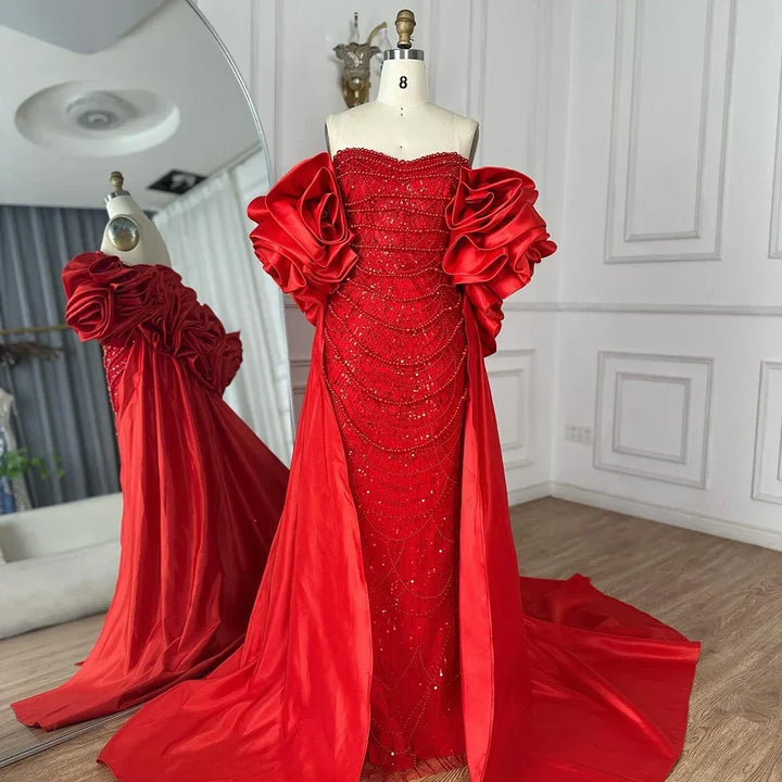 Serene Hill Red Strapless Mermaid Pearls Beaded Evening Dresses with Long Cape Wedding Party Gowns 2025 DLA72585A Customized