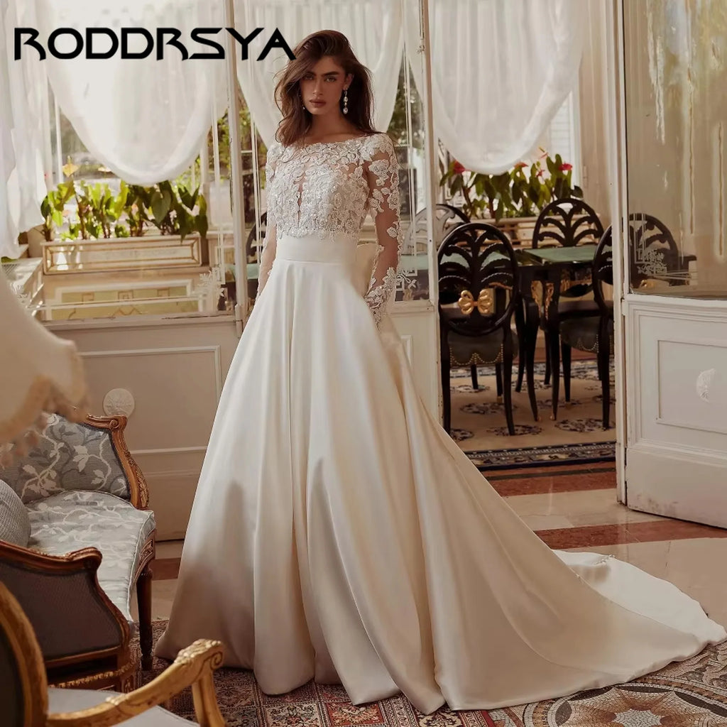 Elegant A-Line Sexy Wedding Dresses Long Sleeve Backless Bridal Dress Lace Bow Luxury Bride Gowns Vestido De Novia Customized