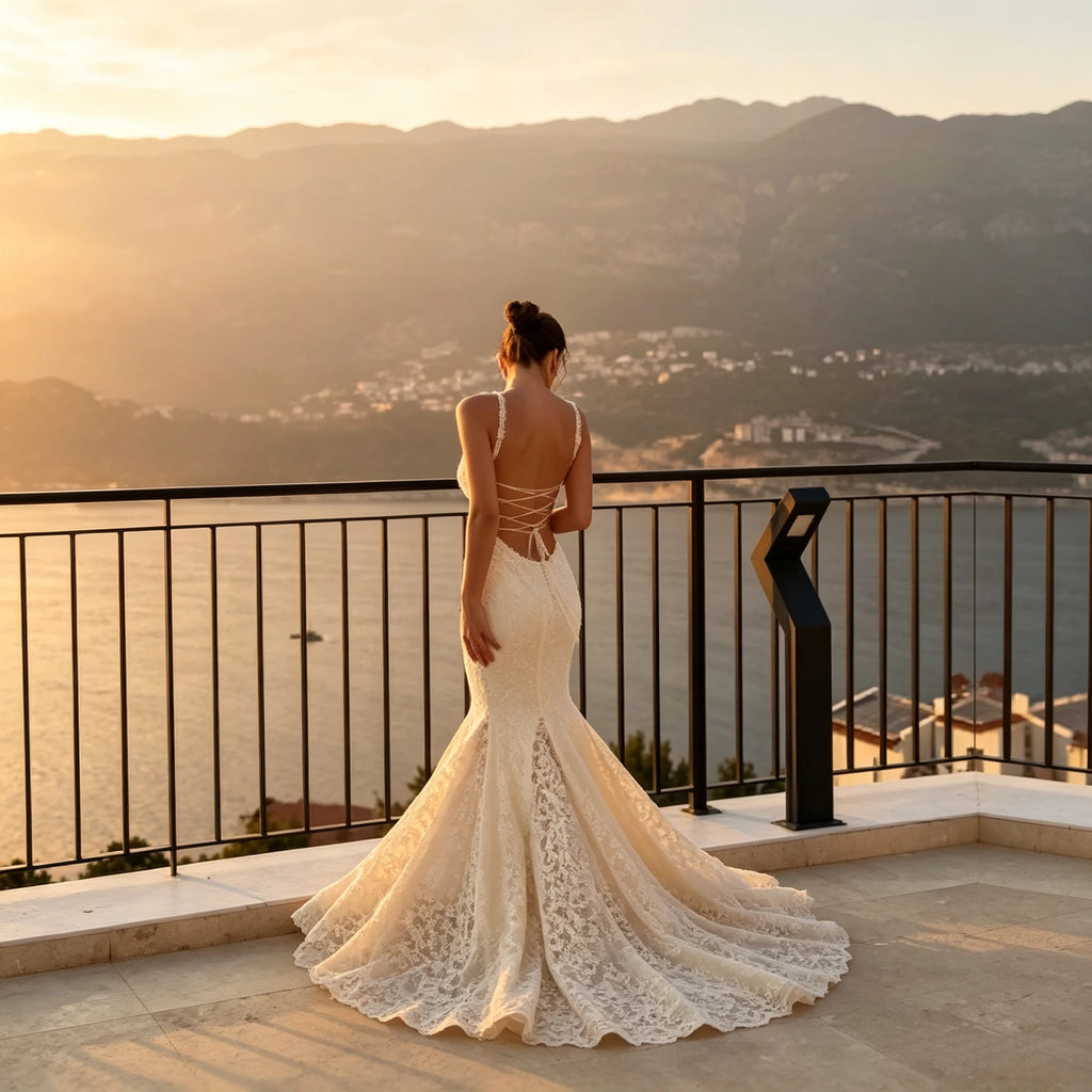 Suninheart Elegant Lace Mermaid Maxi Dress Spaghetti Strap Backless Evening Gown with  for Wedding Party Beach Vacation