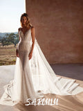 Shiny Mermaid Sexy Backless Wedding Dress Customized Modern Deep V Neck Bridal Gown With Cape Fantasy Sequined Classy Bride Wear