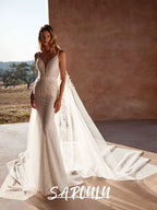 Shiny Mermaid Sexy Backless Wedding Dress Customized Modern Deep V Neck Bridal Gown With Cape Fantasy Sequined Classy Bride Wear