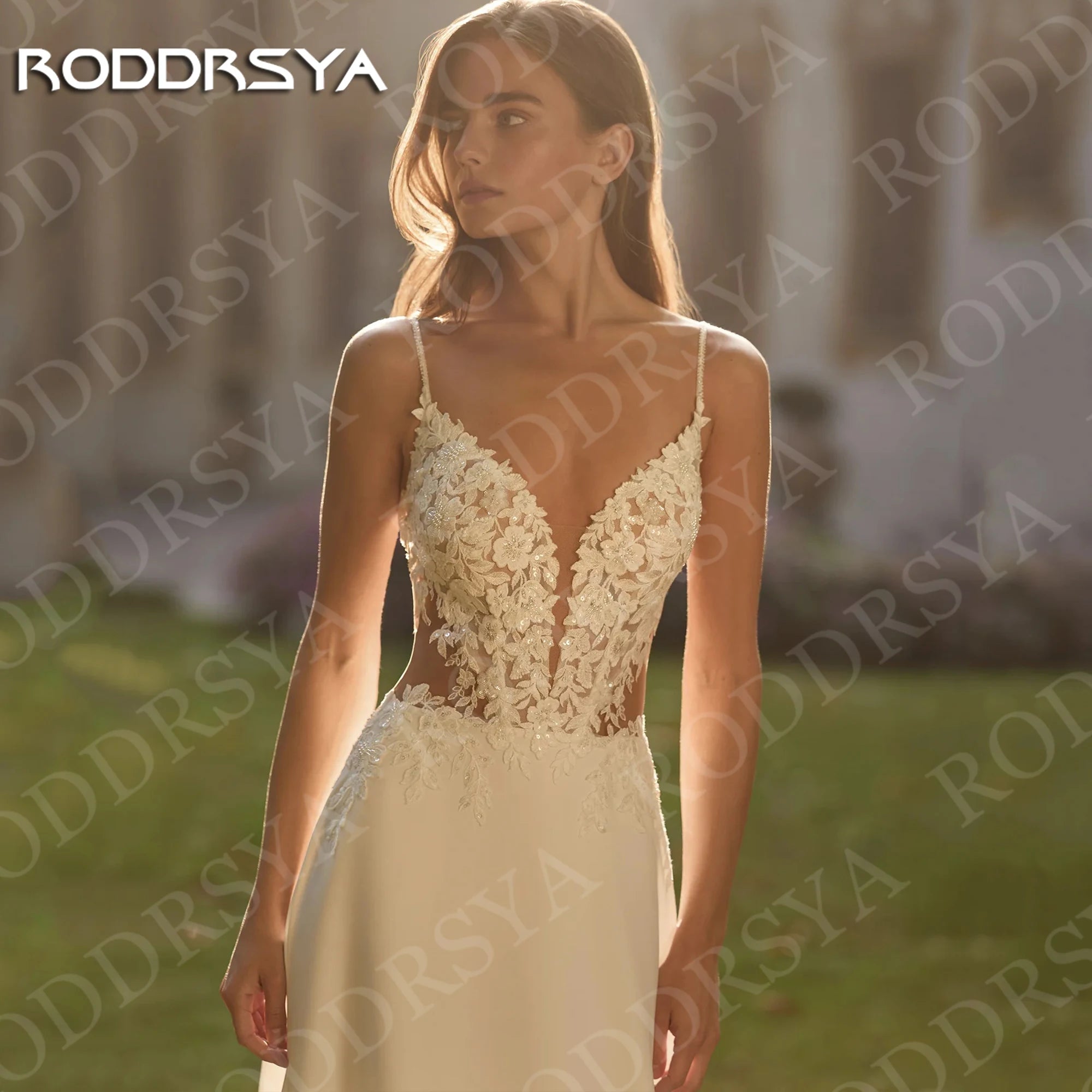 RODDRSYA Bohemian Wedding Dress A Line with Detachable Cape Boho Lace V Neck Crepe Open Back Bridal Dresses Woman Customized