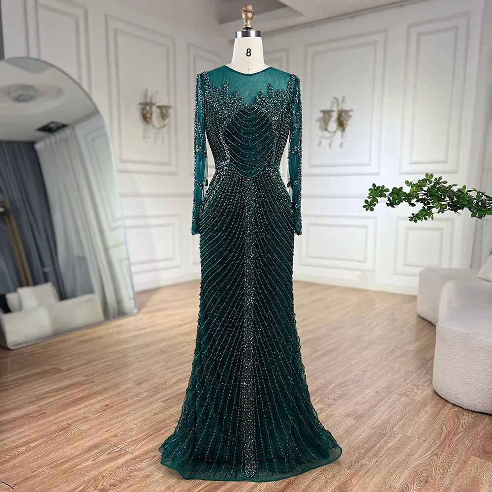 Serene Hill Customized Sliver Nude Long Sleeves Pearls Beaded Luxury Evening Dresses Formal Party Gowns for Women DLA72478