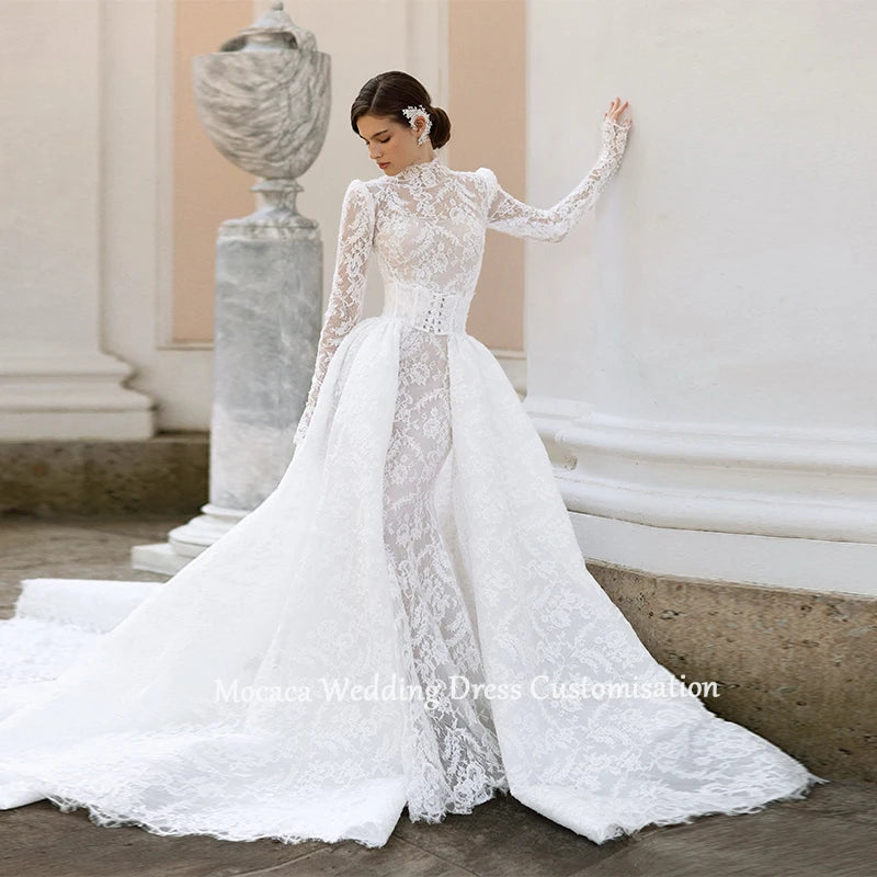 Mocaca Customized Luxury High Neck Lace Mermaid Wedding Dress Long Sleeve 2and1Detachable Train Bridal Gown Vestido De Novia