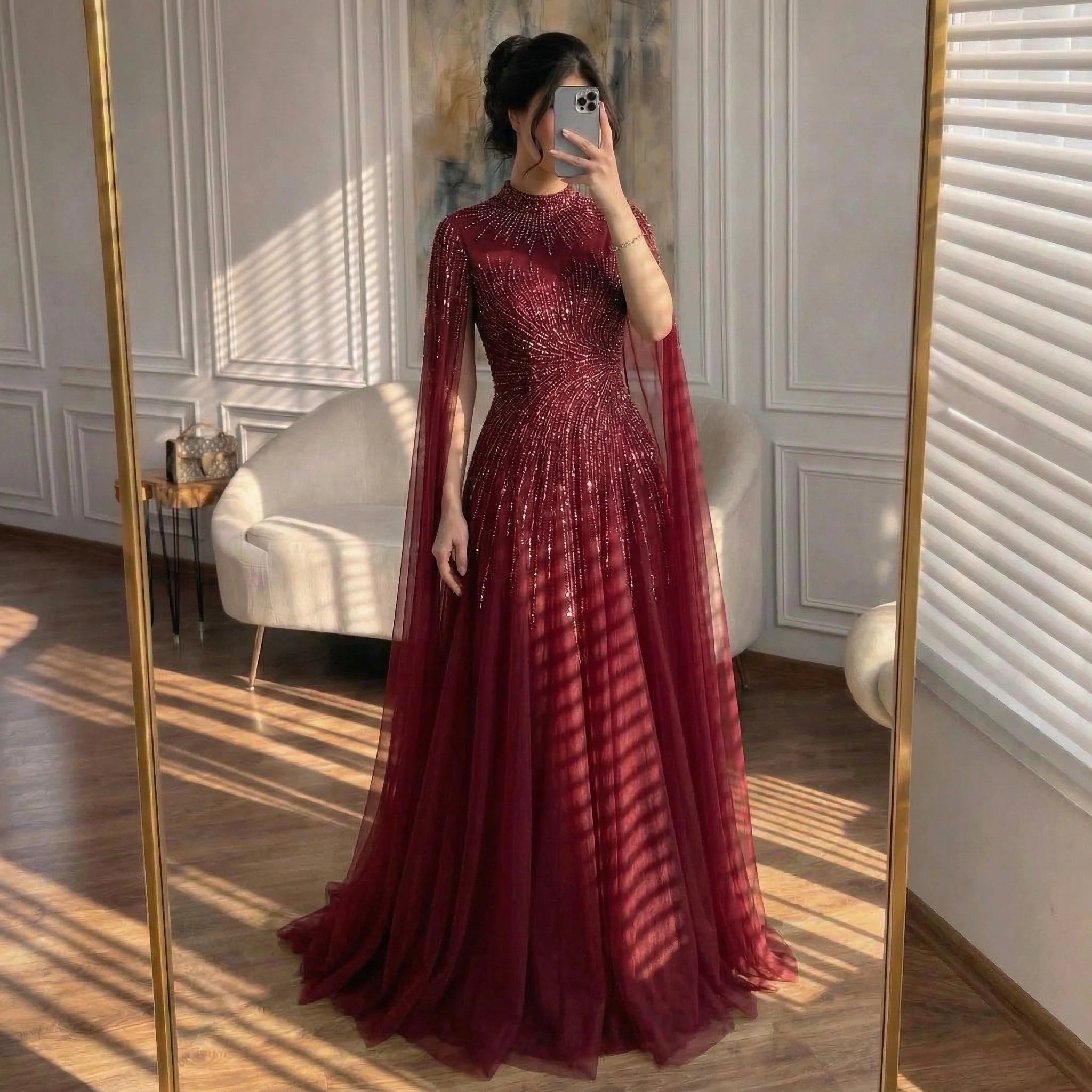 Serene Hill Burgundy High Neck Cape Sleeve A-line Evening Dress Elegant Party Gown for Women 2026 Customized DLA72386A
