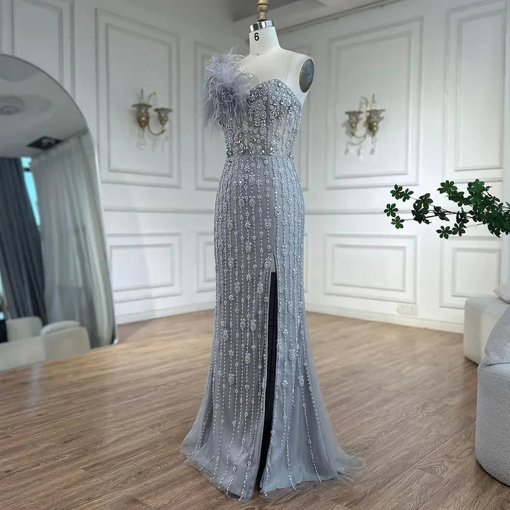Zapdress Gray Mermaid One Shoulder High Split Beaded Feather Evening Dress Party Gowns for Women DLA72347 Customized (ZD17357)