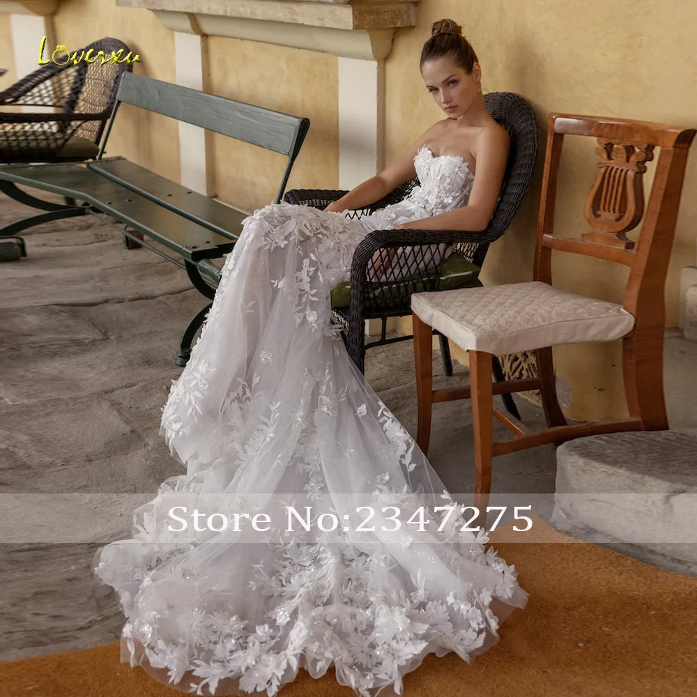 Loverxu Mermaid Sexy Wedding Dresses Strapless Long Sleeve Vestido De Novia Beading Appliques 3D Flowers Custom Made Bridal Gown