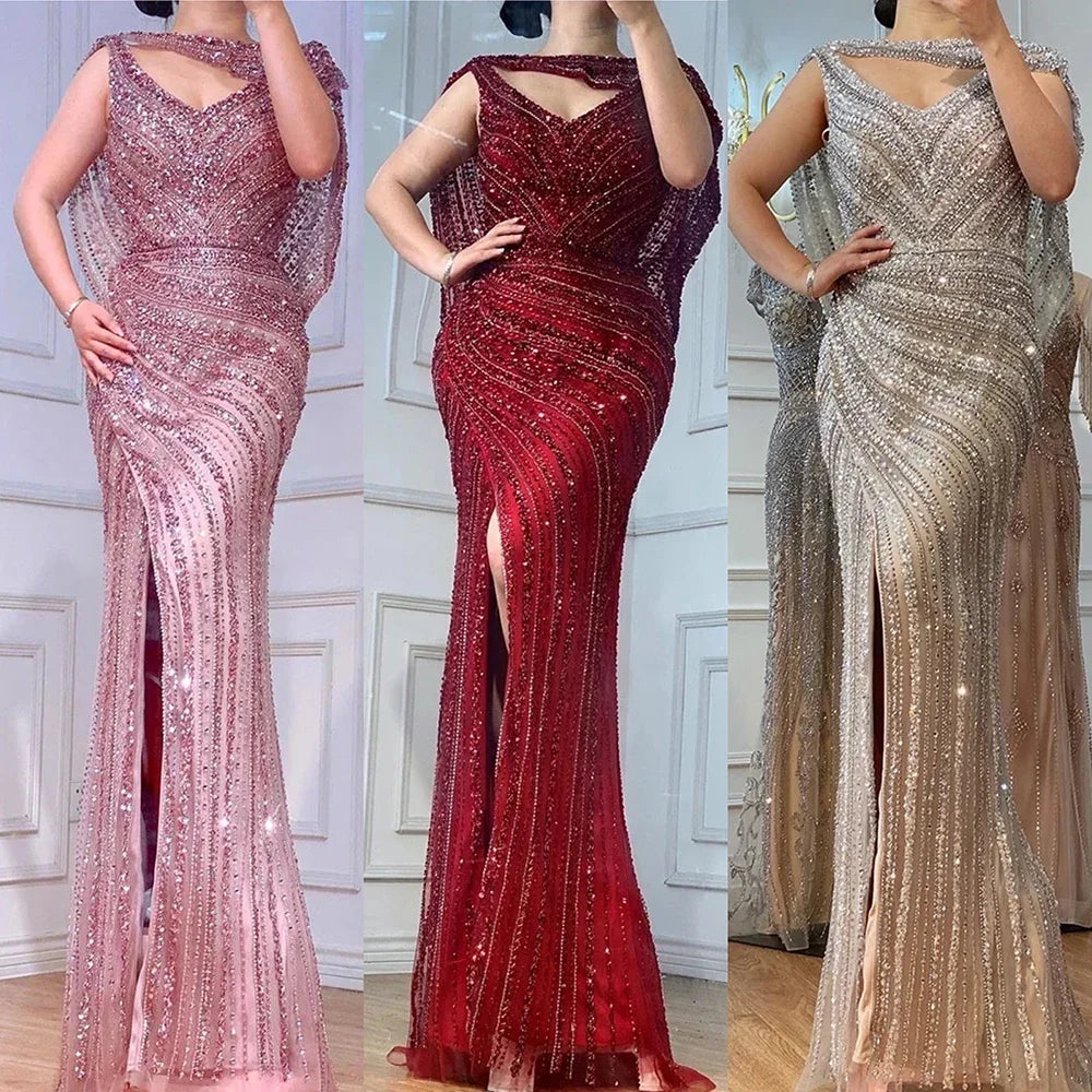 Zapdress Customized Silver Nude Beaded Mermaid Evening Dresses 2025 Elegant Party Gowns For Women Wedding (ZD17383)