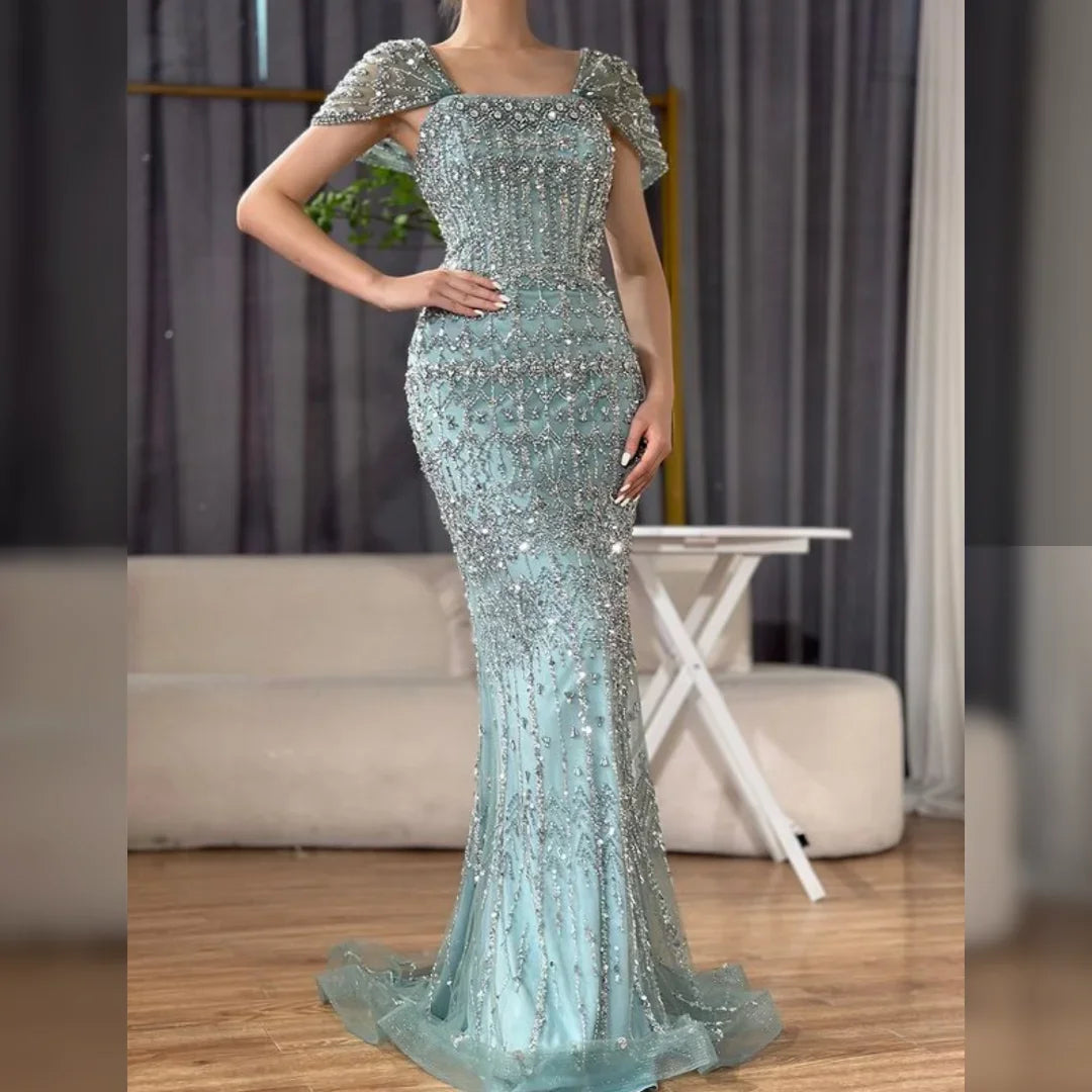 Zapdress Blue Mermaid Beaded Evening Dresses with Detachable Sleeves Elegant Party Gowns for Women DLA72714 Customized (ZD17361)