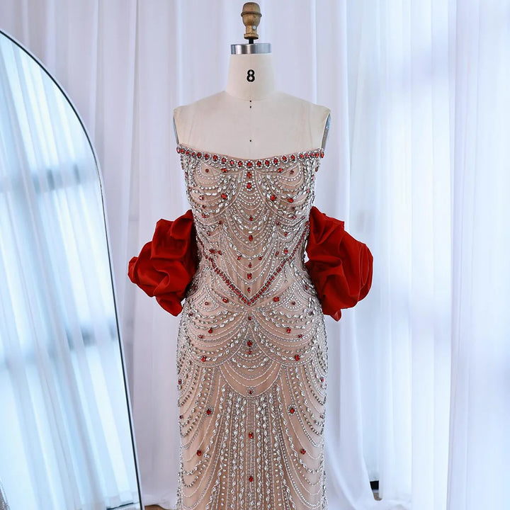 Luxury Beaded Evening Dresses with Elegant Puff Sleeves Pearl Beaded Adorned Design Zapdress DLA72903 Customized